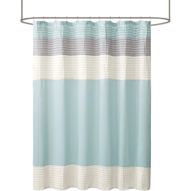 Bathroom Shower Curtain Faux Silk Pieced Striped Modern Microfiber Bath Curtains, 72x72 Inches, Aqua