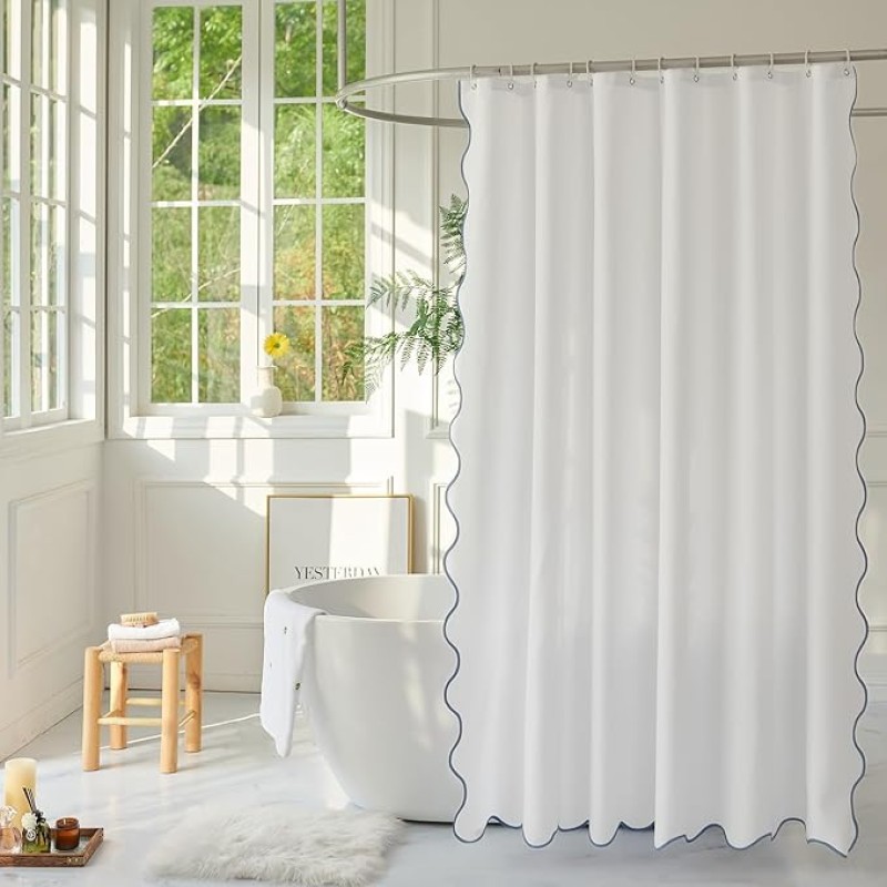 White Fabric with Water Blue Scalloped Border Shower Curtain,Boho Chic Cloth Shower Curtain for Bathroom Showers,72 x 84 Inches