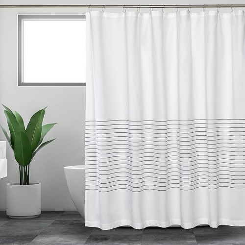 White Shower Curtain for Bathroom, Fabric Shower Curtains, 72x72 in, Farmhouse, Boho, White and Gray Striped Woven
