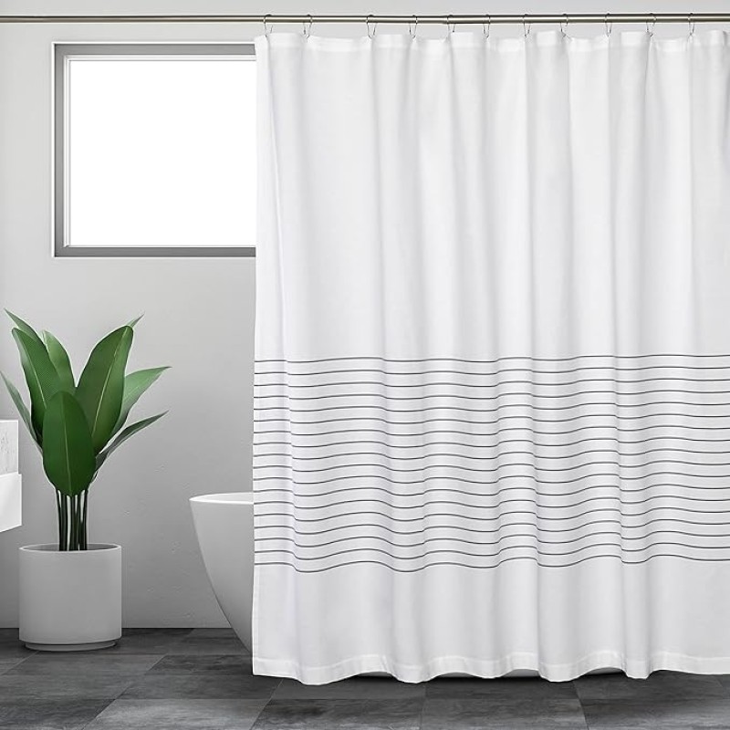 White Shower Curtain for Bathroom, Fabric Shower Curtains, 72x72 in, Farmhouse, Boho, White and Gray Striped Woven