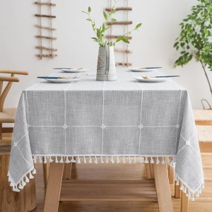 Cotton Linen Rectangular Table Cloth, Wrinkle Resistant, Waterproof Tablecloth, Washable Farmhouse Table Cover with Tassels