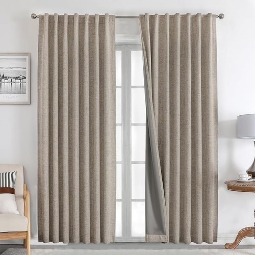 Natural Linen Curtains 84 inch Length 2 Panels Set 100% Blackout Long Drapes